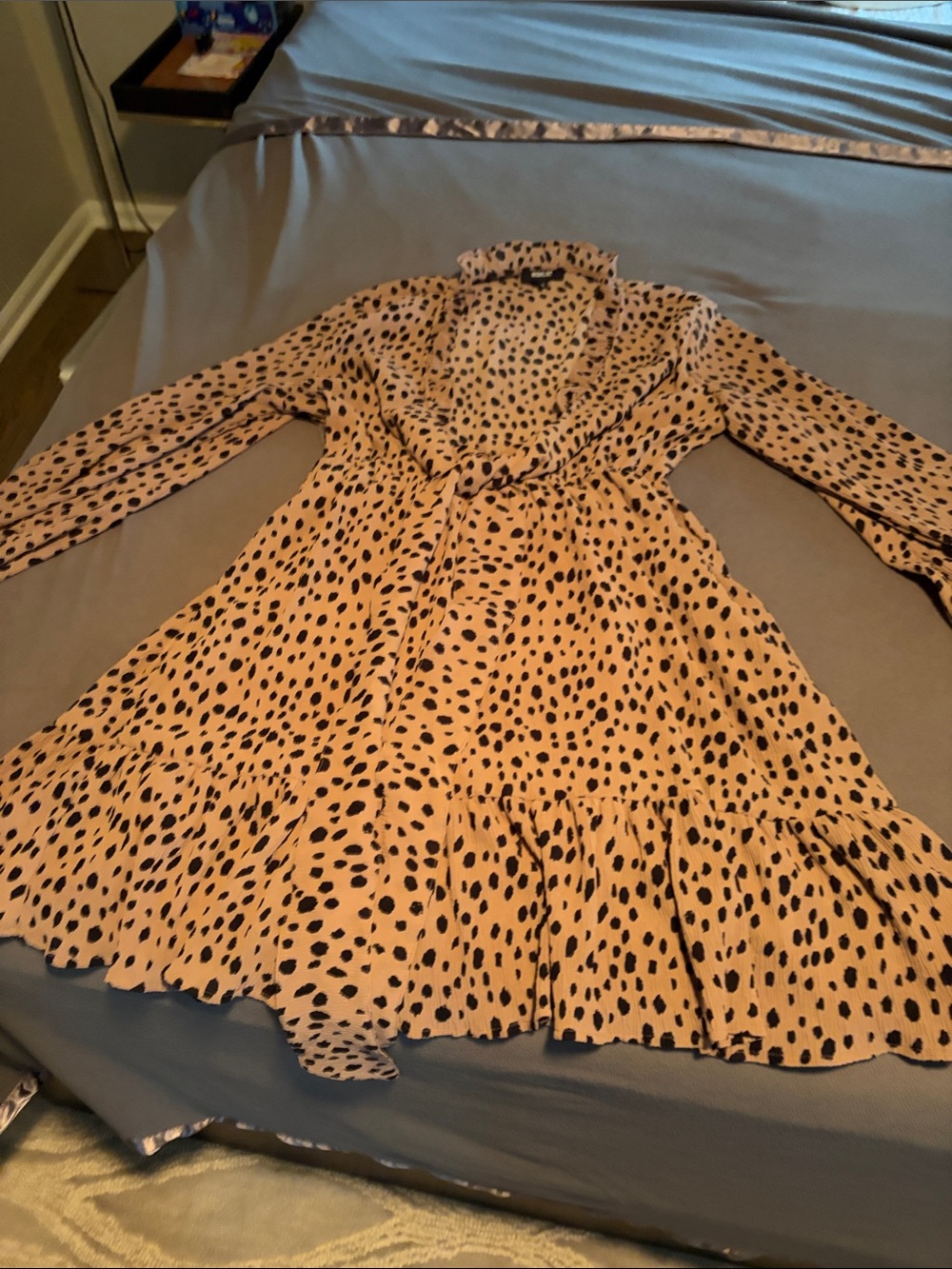 Wishlist Beige Long-Sleeve Black Spot Ruffle Wrap Dress